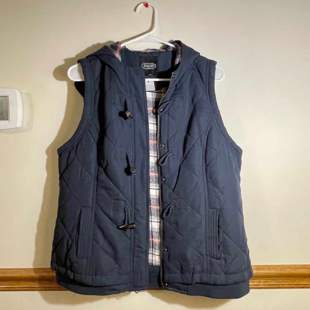BGSD Women’s Large Quilted Vest Navy Blue Plaid lining hooded‎ zip claw hooks
